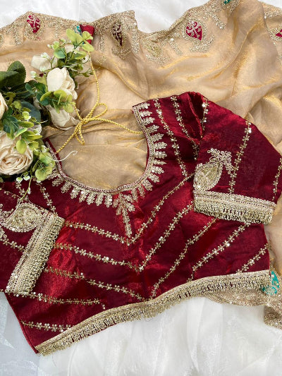 Gold Tissue Silk Ready to Wear Saree with Maroon Stitched Embroidered Blouse
