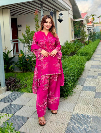 Hot Pink Georgette Floral Farshi Suit Set for Women UK