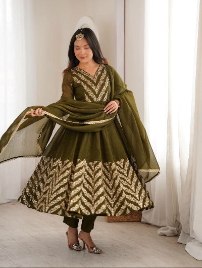 Olive Green Embroidered Crunchy Silk Anarkali Suit for Women