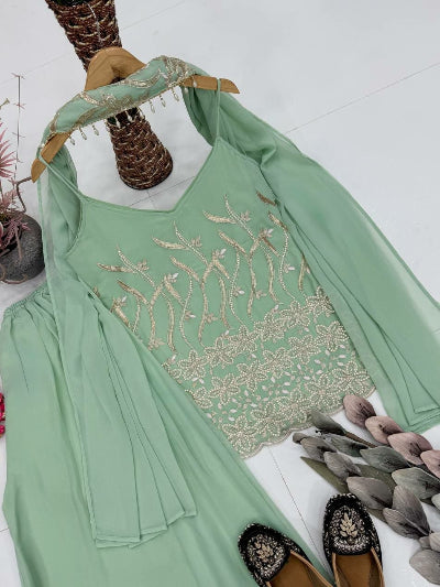 Pastel Green Embellished Georgette Sleeveless Palazzo Kurti Dupatta Set