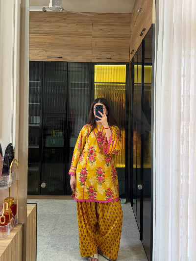 Mustard Yellow Premium Crepe Kurti Farshi Pant Set Of 2
