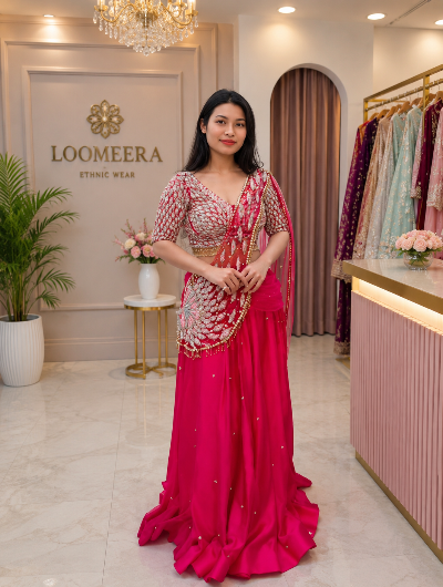 Hot Pink Partywear Ready to Wear Drape Lehenga Saree