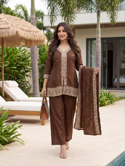 Brown Silk Embroidered Short Kurti Palazzo Dupatta Set