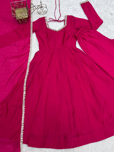 Rani Pink Embroidered Chanderi Anarkali Suit with Mirror Lace
