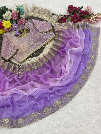 Lilac Pre-pleated Ready to Wear Saree with Embroidered Stitched Blouse