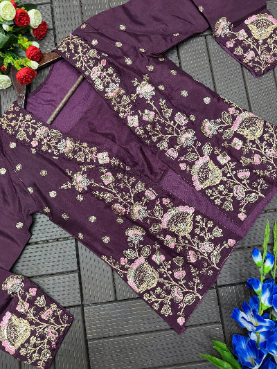 Burgundy Embroidered Ready-to-Wear Saree with Party Jacket &amp; Blouse