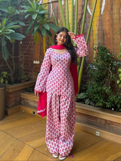 Pink Printed Cambric Cotton Farshi Pant Suit for Women
