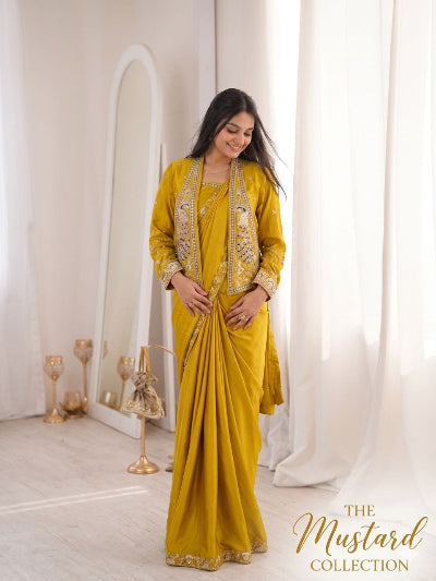 Mustard Ready to Wear Saree with Embroidered Jacket – Pre Stitched Party Wear UK