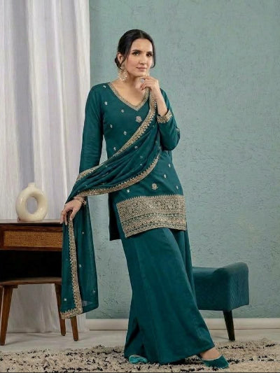 Teal Blue Sequin Embroidered Sharara Suit for Women