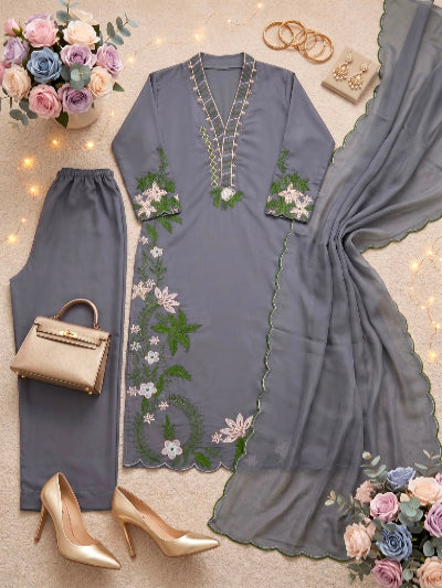 Grey Embroidered Roman Silk Palazzo Suit Set for Women UK