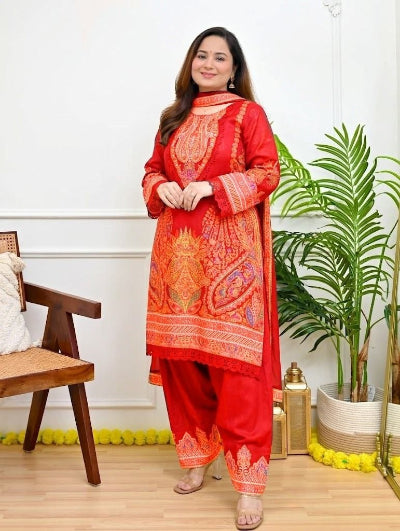Plus Size Red Muslin Embroidered Mirror Work Suit Set