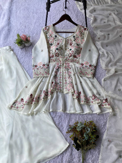 White Peplum Style Embroidery Wedding Suit