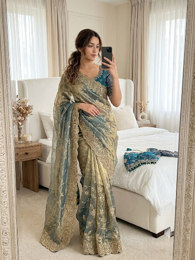 Ice Blue Pre-Stitched Ready to Wear Saree with Free Embroidered Stitched Blouse