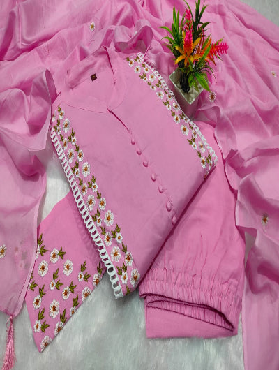 Pink &amp; Blue Lightweight Cotton Anarkali Suit with Embroidery