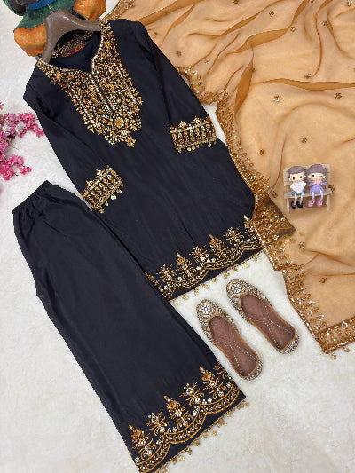 Black &amp; Gold Zari Embroidery Work Straight Suit