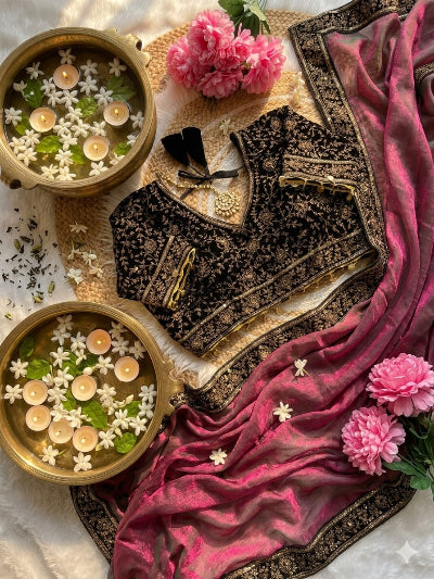 Berry Pink Embroidered Ready to Wear Chiffon Saree with Stitched Velvet Blouse