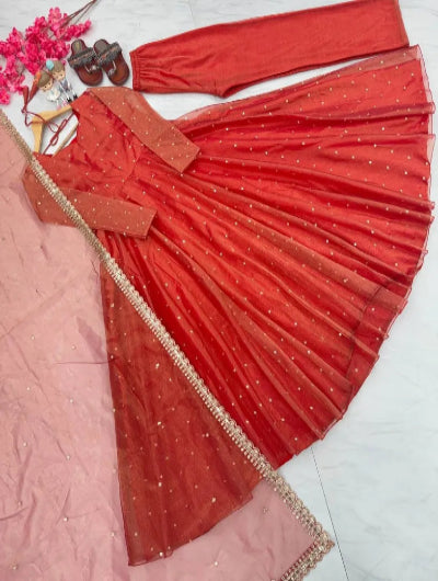Orange Festive Embroidered Anarkali Suit Set UK Next Day