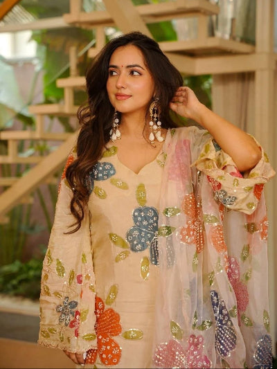 Peach Floral Organza Embroidery Palazzo Sharara Suit