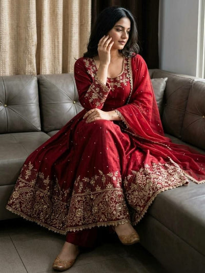 Deep Red Embroidered Anarkali Suit Set for Women