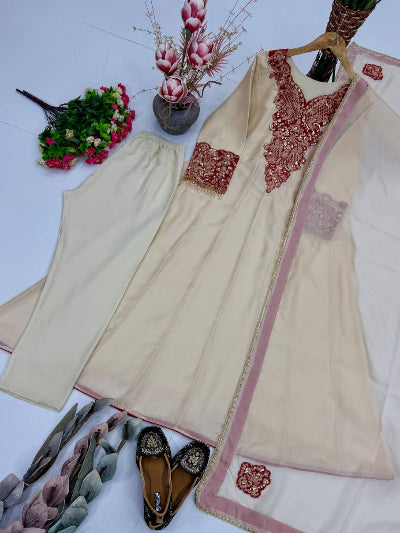 Ivory Gold Organza Embroidered Anarkali Gown Set | Women&