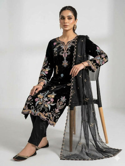 Black Embroidered Glass Roman Silk Straight Suit for Women