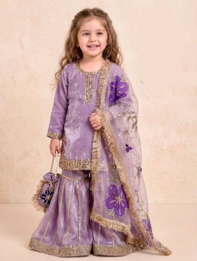 Kids Lilac Embroidery Work Sharara Suit