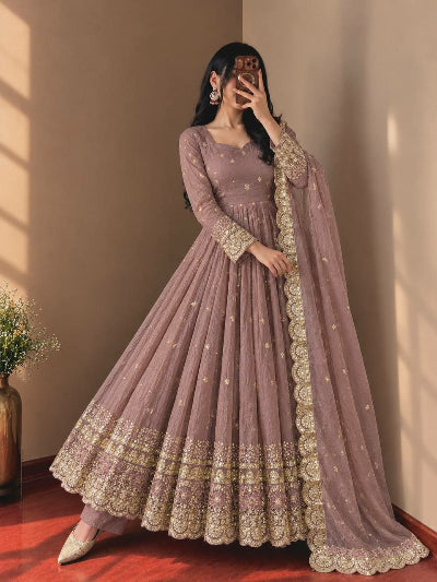 Dusty Mauve Gold Embroidered Anarkali Gown Suit Set