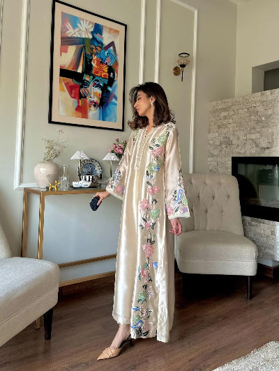 Ivory Floral Embroidered Roman Glass Kaftan Suit Set for Women UK