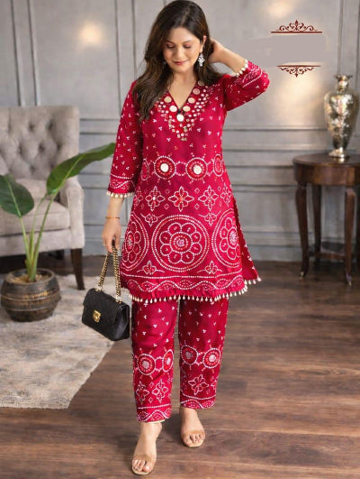 Designer Bandhani Chinon Silk Coord Set with Mirror Work