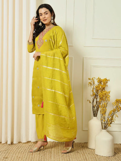Glazed Yellow Roman Silk Embroidery Salwar Suit UK Next Day