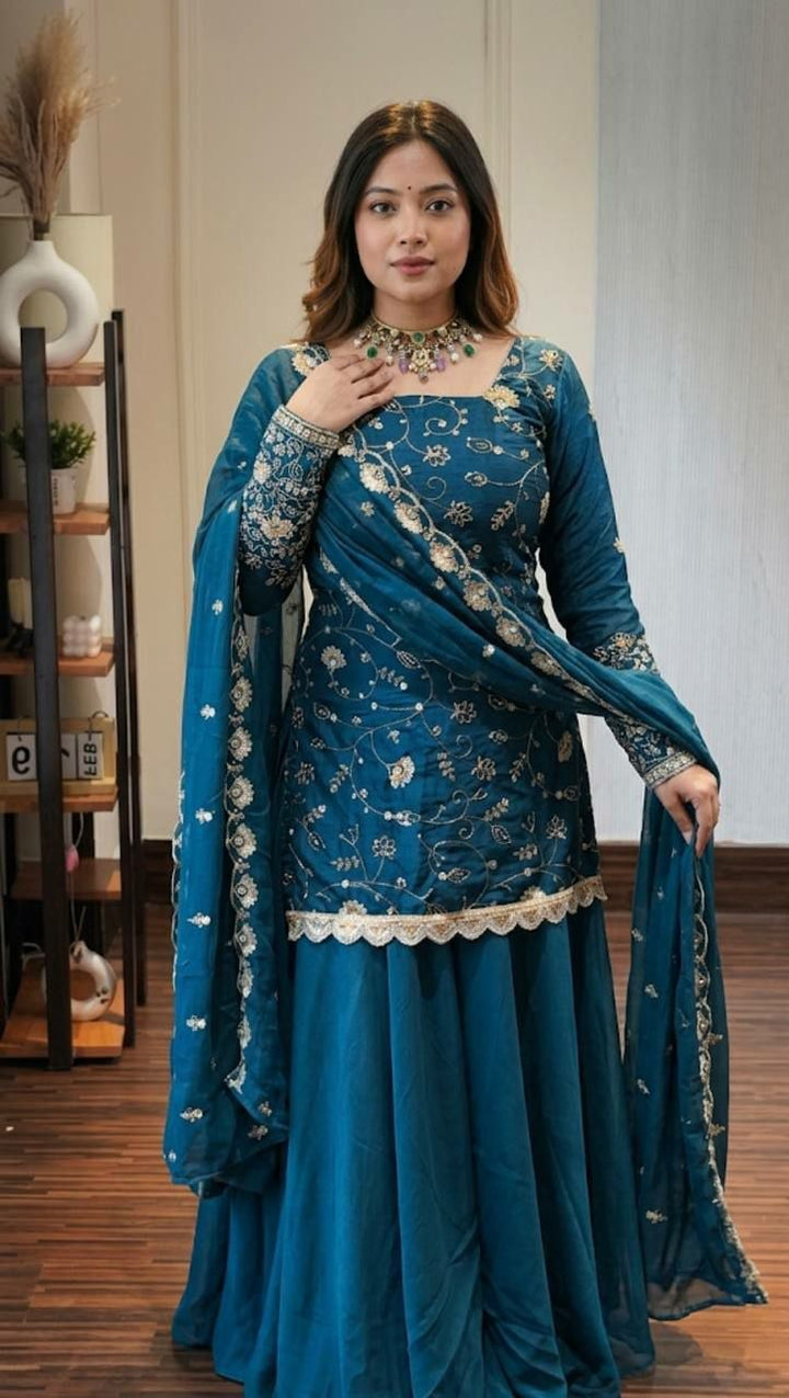 Peacock Teal Blue Embroidered Crush Silk Sharara Palazzo Suit