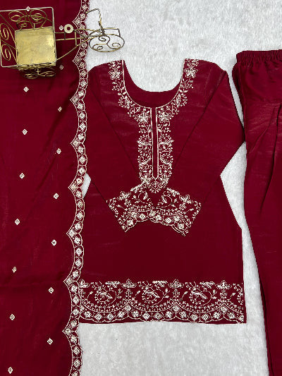 Designer Red Embroidered Farshi Suit Set
