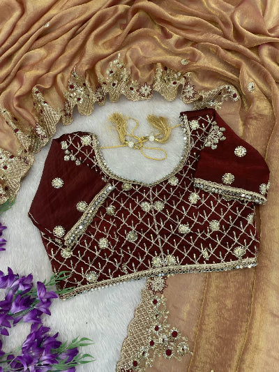 Rose Gold Chiffon Silk Pre-pleated Ready to Wear Saree with Maroon Stitched Blouse