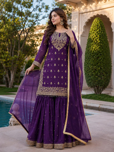 Purple Embroidered Tissue Silk Gharara Suit Set for Women