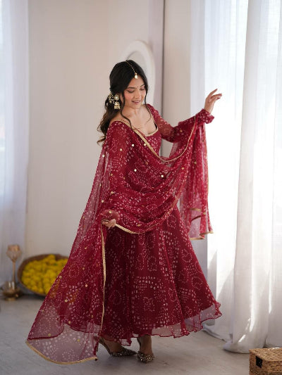 Classic Maroon Georgette Bandhani Anarkali Suit for Women