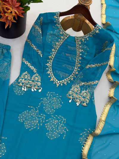 Peacock Blue Embroidery Sequins Work Sharara Suit for Women