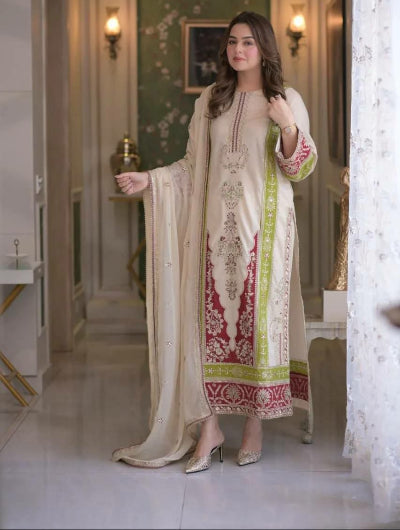 Ivory Cream Embroidered Roman Silk Suit with Dupatta for Women |Asian Ethnic Wear UK