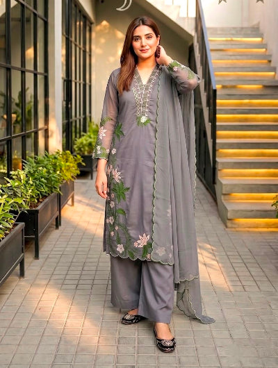 Grey Embroidered Roman Silk Palazzo Suit Set for Women UK