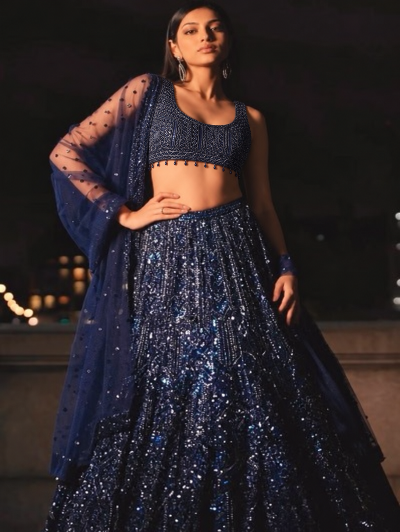 Partywear Navy Blue Sequins Work Lehenga Choli Set UK Next Day