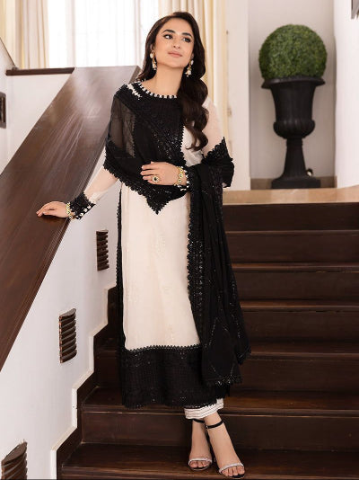 White &amp; Black Sequins Straight Suit Set