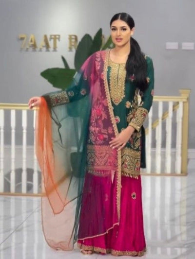 Bottle Green &amp; Pink Embroidered Silk Gharara Suit UK Next Day