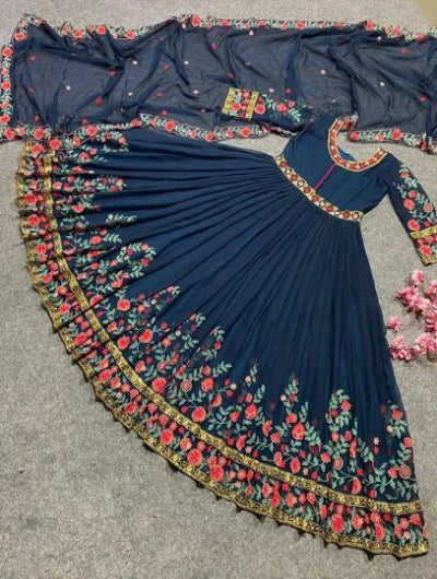 Teal Blue Embroidery Work Full Length Gown Dupatta Set of 2