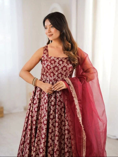 Meher Maroon Chanderi Gold Jacquard Anarkali Suit