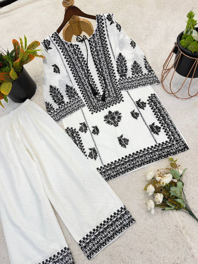 White with Black Embroidery Work Palazzo Kurti Set of 2