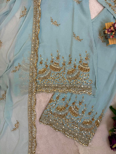 Powder Blue Georgette Gold Sequins Intricate Work Palazzo Suit