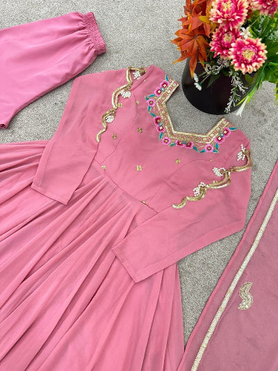 Blush Pink Georgette Embroidery with Sequin Work Anarkali Suit