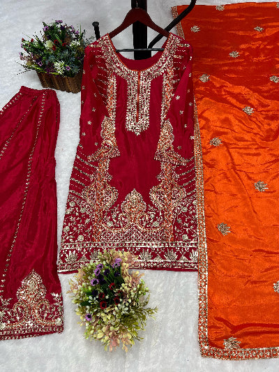 Red &amp; Orange Chinon Silk Embroidered Palazzo Sharara Suit Set