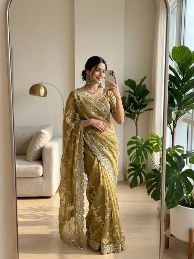 Mustard Gold Embroidered Ready to Wear Saree with Free Stitched Blouse