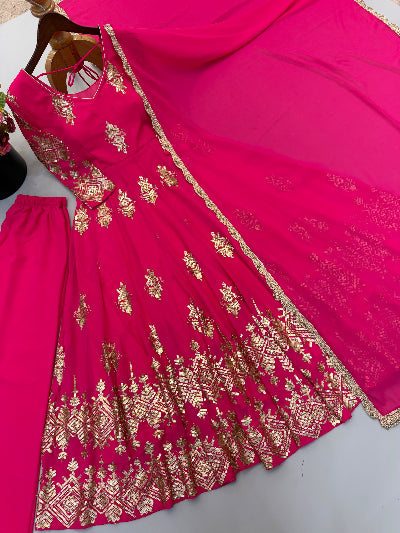 Hot Pink Embroidered Georgette Anarkali Gown Dupatta Pant Set
