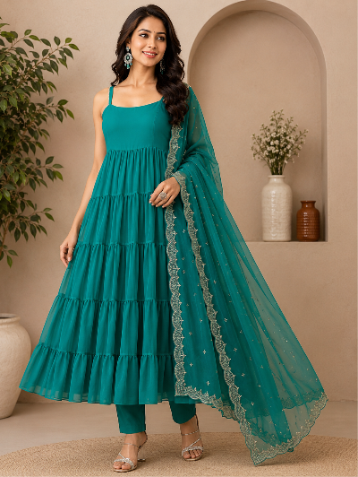 Teal Green Ruffle Pattern Anarkali Suit UK Next Day